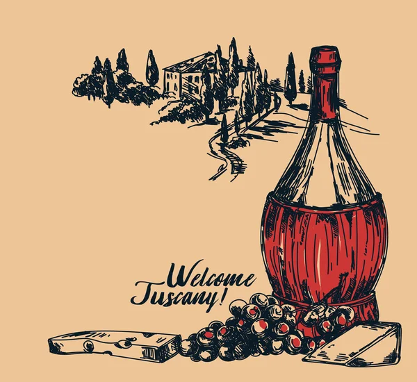 Κάρτα Ντεμοντέ Μπουκάλι Κρασί Και Θέα Στην Τοσκάνη Μπουκάλι Πλεγμένες — Διανυσματικό Αρχείο