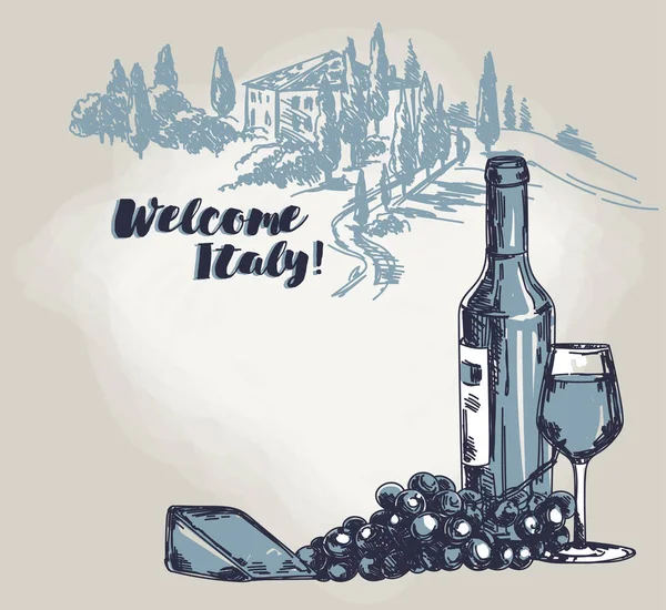 Kaart Met Fles Wijn Glas Tuscany Weergave Kan Worden Gebruikt — Stockvector