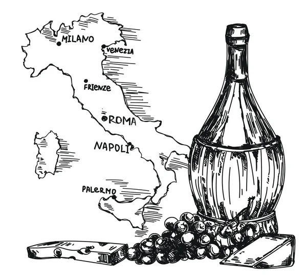 Carte Avec Bouteille Vin Ancienne Carte Italie Chianti Bouteille Tressée — Image vectorielle