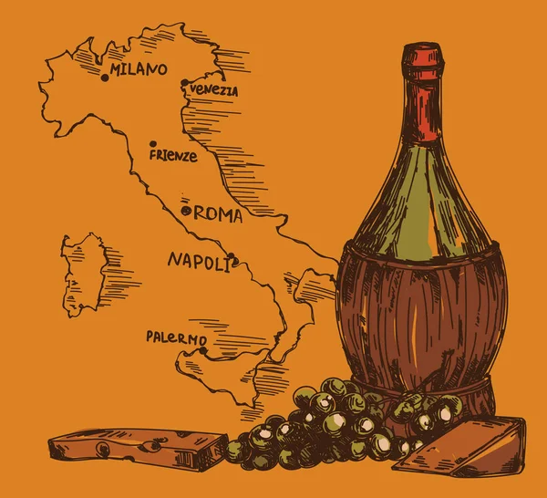 Κάρτα Ντεμοντέ Μπουκάλι Κρασί Και Χάρτη Ιταλία Μπουκάλι Chianti Πλεγμένες — Διανυσματικό Αρχείο