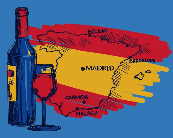 Cartão Com Garrafa Vinho Vidro Mapa Espanha Cores Bandeira Nacional — Vetor de Stock