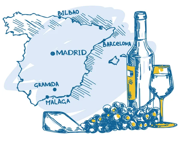 Κάρτα Γυαλί Μπουκάλι Κρασί Και Τυρί Ισπανία Χάρτη Μπορεί Χρησιμοποιηθεί — Διανυσματικό Αρχείο