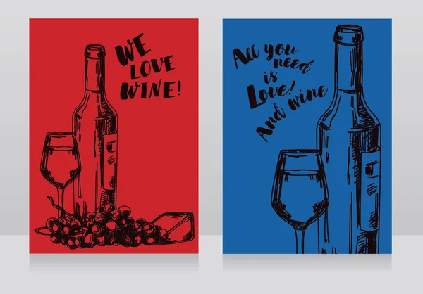 Due Carte Con Bottiglia Vino Bicchiere Formaggio Festa Del Vino — Vettoriale Stock