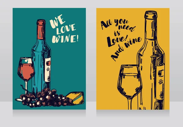 Dos Tarjetas Con Botella Vino Vidrio Queso Para Fiesta Del — Vector de stock