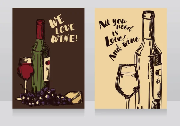 Due Carte Con Bottiglia Vino Bicchiere Formaggio Festa Del Vino — Vettoriale Stock