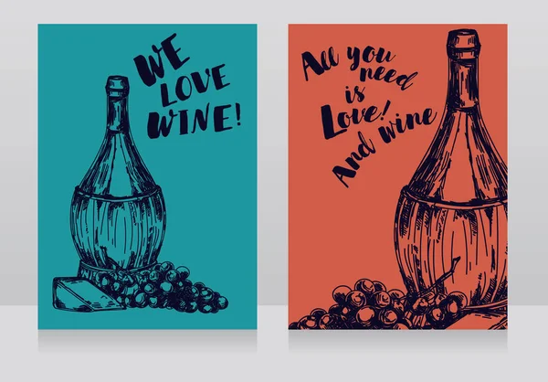 Dos Tarjetas Con Botella Vino Antigua Para Fiesta Del Vino — Vector de stock