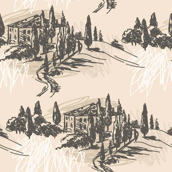 Плавный Узор Классическим Тосканским Ландшафтом Стиле Эскиза Векторная Иллюстрация — стоковый вектор