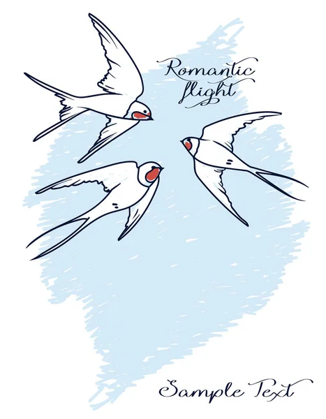 Biglietto Romantico Con Rondini Colorate Volanti Stile Schizzo Illustrazione Vettoriale — Vettoriale Stock