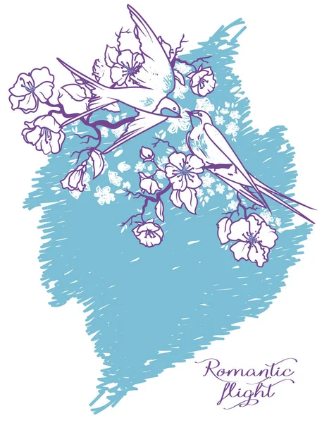 浪漫卡与飞行燕子夫妇和 Bloomig 素描风格 矢量图 — 图库矢量图片