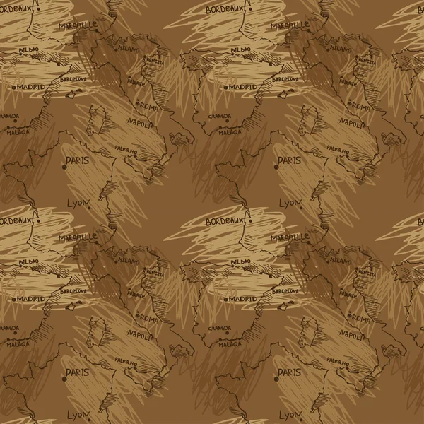 seamless pattern with european maps in sketch style: Italy, Spain, France, vector illustration