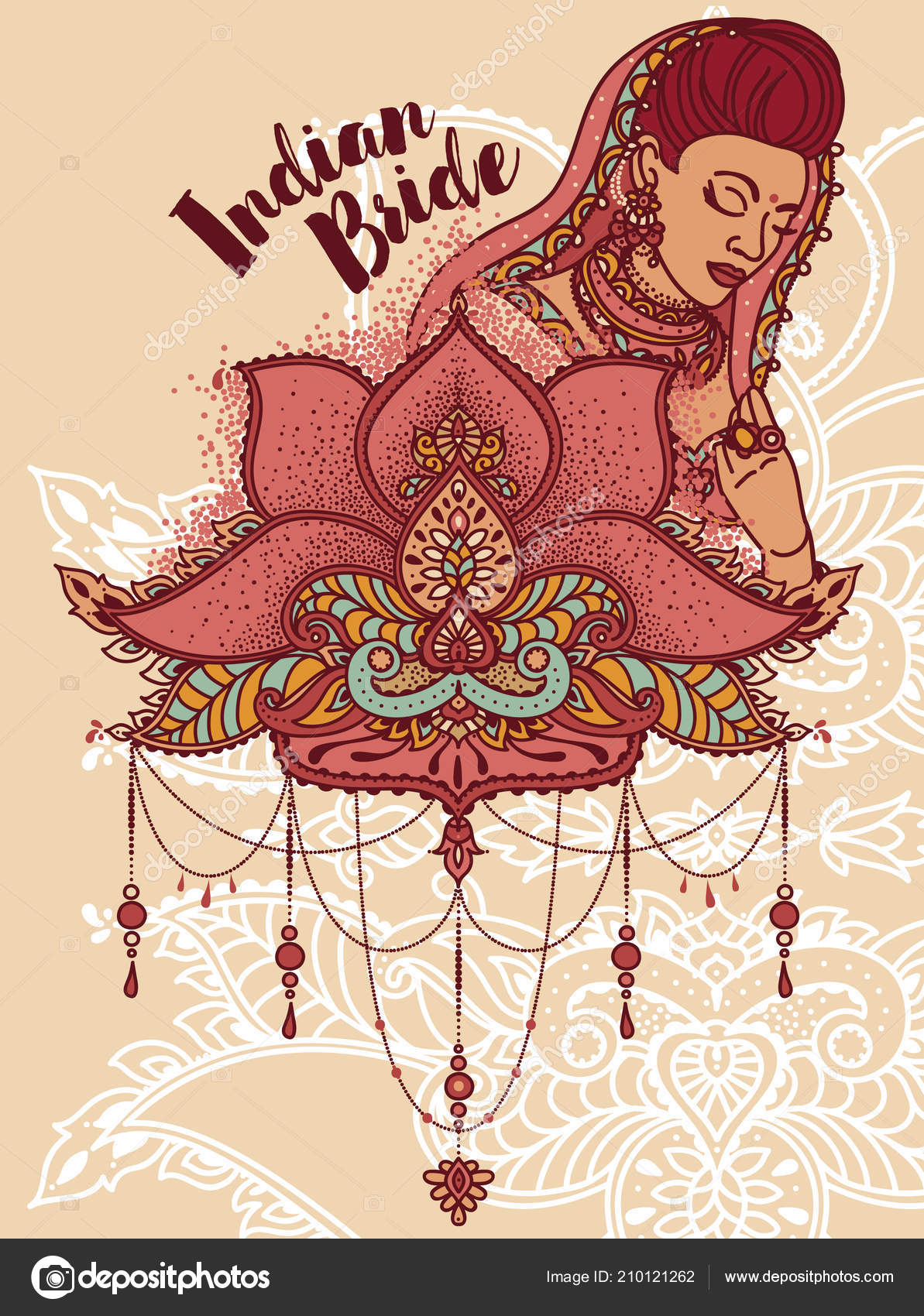 Card Indian Bride Stylized Lotus Flower Traditional Style Can Used
