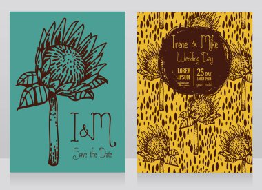 iki kart protea çiçekler, vektör çizim kroki tarzı ile dekore edilmiş