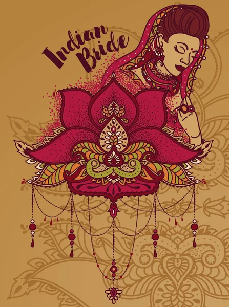 Card Indian Bride Stylized Lotus Flower Traditional Style Can Used — Stockvector