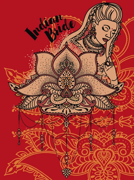 Karta Indické Nevěsty Stylizované Lotosový Květ Tradičním Stylu Mohou Být — Stockový vektor