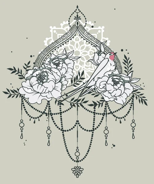 Romantic Banner Swallow Peony Flowers Decorative Frame Vector Illustration — Stock Vector