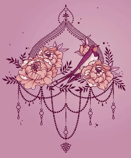 Romantisches Banner Mit Schwalbe Pfingstrose Und Dekorativem Rahmen Vektorillustration — Stockvektor