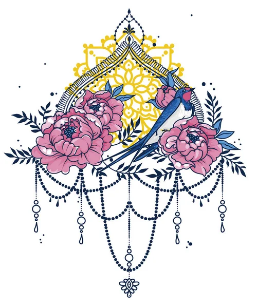 Bandeira Romântica Com Andorinha Flores Peônia Moldura Decorativa Ilustração Vetorial —  Vetores de Stock