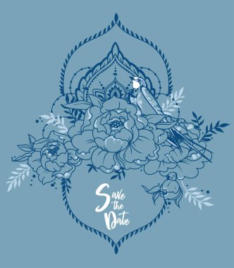 romantik yıldönümü afiş yutmak, şakayık çiçekleri ve dekoratif çerçeveler, vektör çizim ile için