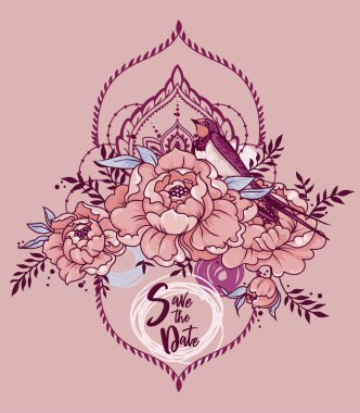 romantik yıldönümü afiş yutmak, şakayık çiçekleri ve dekoratif çerçeveler, vektör çizim ile