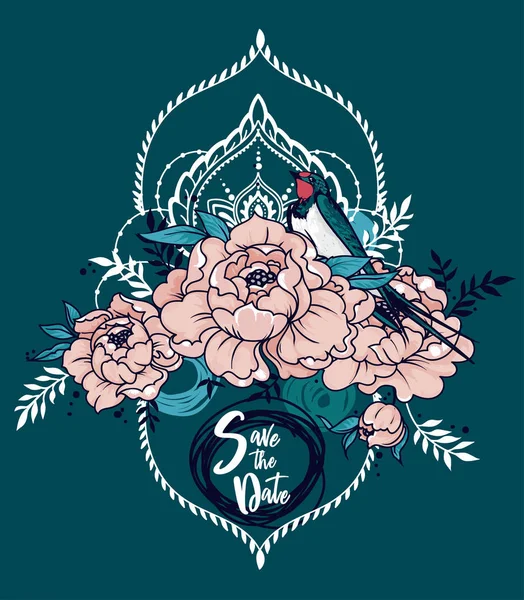 romantik yıldönümü afiş yutmak, şakayık çiçekleri ve dekoratif çerçeveler, vektör çizim ile için