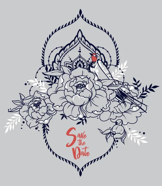 romantik yıldönümü afiş yutmak, şakayık çiçekleri ve dekoratif çerçeveler, vektör çizim ile için