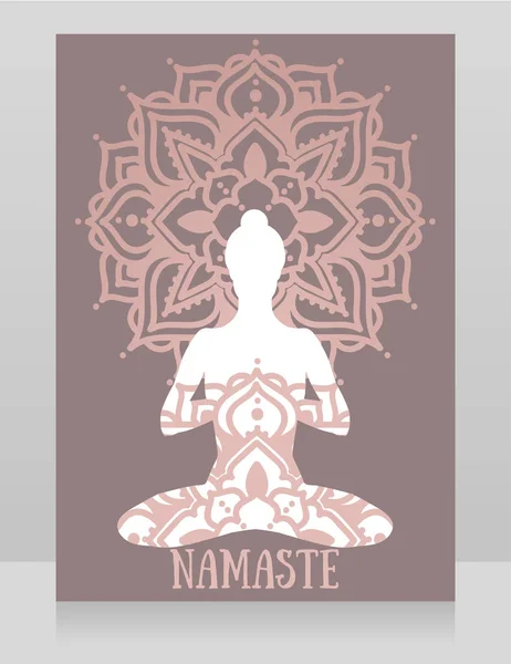 Bannière Namaste Avec Dame Lotus Asana Sur Ornement Mandala Illustration — Image vectorielle