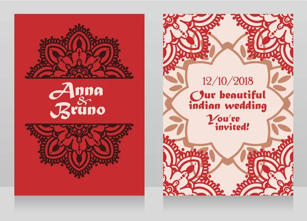 Dos Pancartas Para Boda Estilo Indio Con Adorno Mandala Redondo — Vector de stock