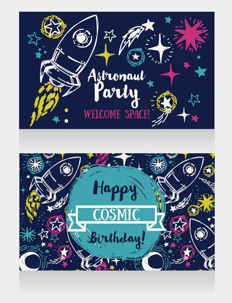 Niedliche Handgezeichnete Rakete Auf Sternenhintergrund Einladungskarten Für Eine Geburtstagsparty Kosmischen — Stockvektor