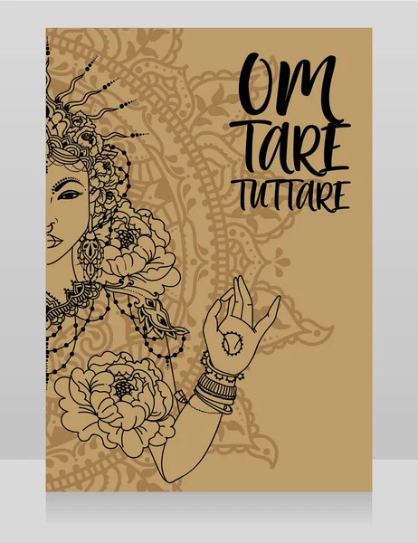 海报与佛教咒语 Tuttare 和美丽的女性女神 可以使用或亚洲节日或瑜伽和阿育吠陀工作室 矢量插图 — 图库矢量图片