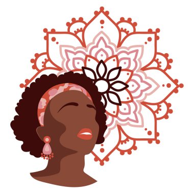 Portraint 80'li yıllarda Afrikalı-Amerikalı kadın stil üzerinde yuvarlak model süsleme, vektör çizim