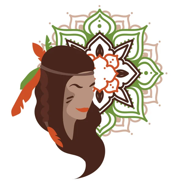 Retrato Mujer India Americana Joyas Tradicionales Adorno Mandala Ilustración Vectorial — Vector de stock