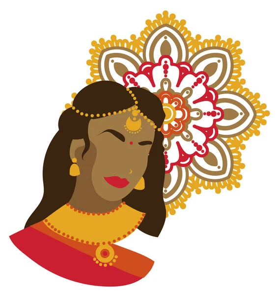 Portraint Indian Woman Traditional Jewels Mandala Ornament Flat Style Vector — Stock Vector