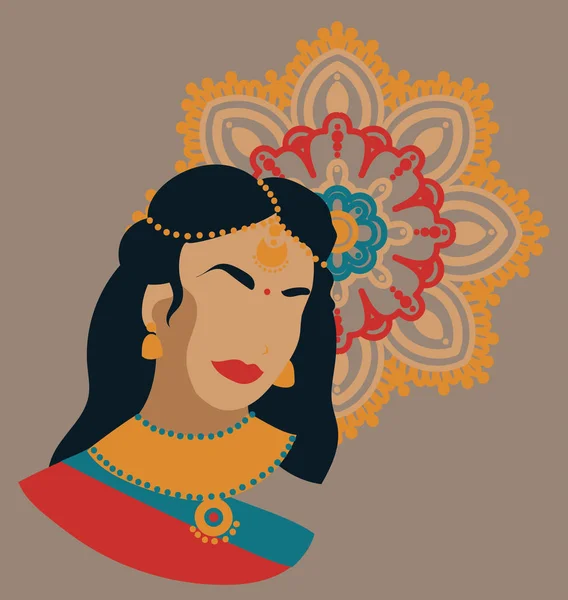 Retrato Mujer India Joyas Tradicionales Adorno Mandala Estilo Plano Ilustración — Archivo Imágenes Vectoriales