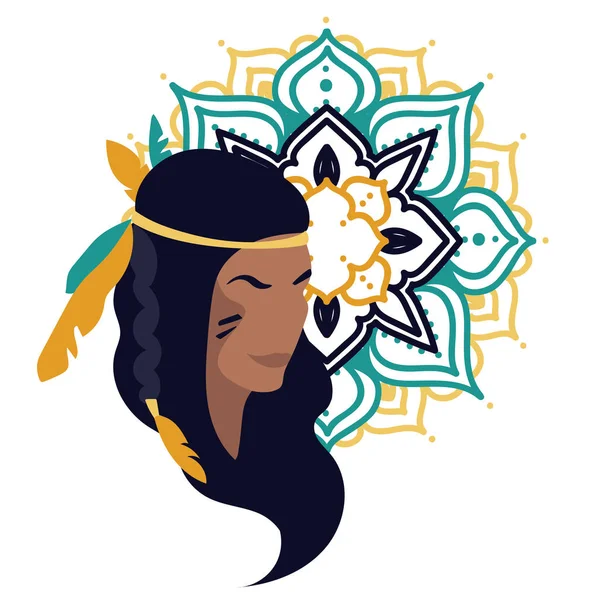 Portraint Indian American Woman Traditional Jewels Mandala Ornament Vector Illustration — Stock Vector