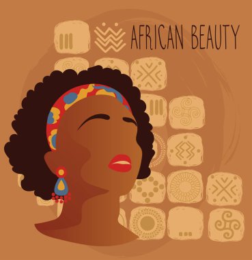 Etnik süsleme üzerinde güzel bir Afrikalı-Amerikalı kadın kullanılabilir turistik başlık sayfası veya poster olarak güzellik farkları, vektör çizim
