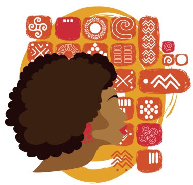 Etnik süsleme üzerinde güzel bir Afrikalı-Amerikalı kadın kullanılabilir turistik başlık sayfası veya poster olarak güzellik farkları, vektör çizim