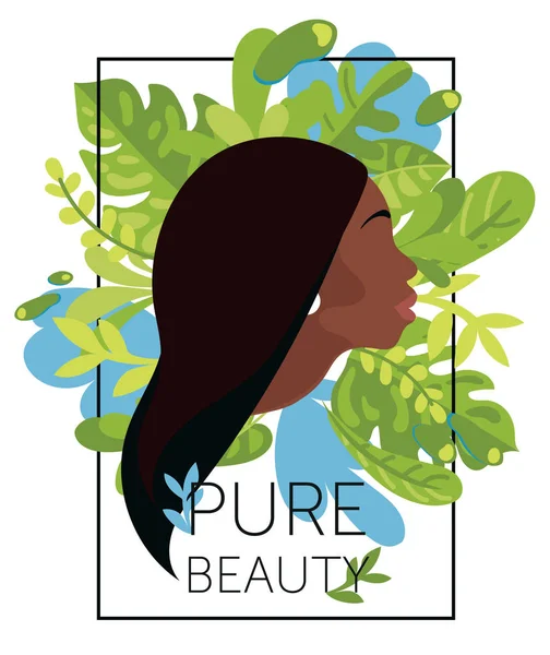Cartaz Para Beleza Pura Com Perfil Mulher Afro Americana Folhas —  Vetores de Stock