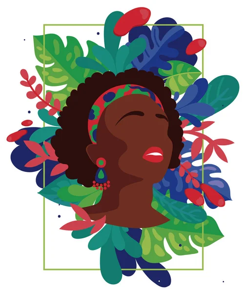 Cartel Con Silueta Marco Mujer Afroamericana Formado Por Hojas Tropicales — Vector de stock