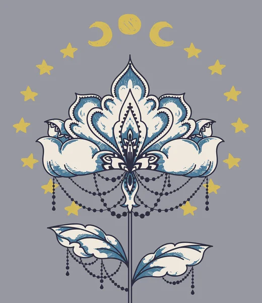 Banner Esotérico Con Flores Lunas Estrellas Ilustración Vectorial Estilo Boceto — Archivo Imágenes Vectoriales