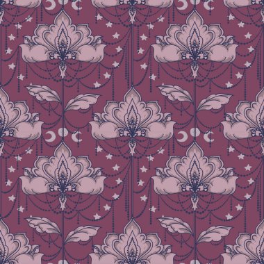 Çiçekler, aylar ve yıldızlar, kroki tarzı vektör çizim ile ezoterik seamless modeli