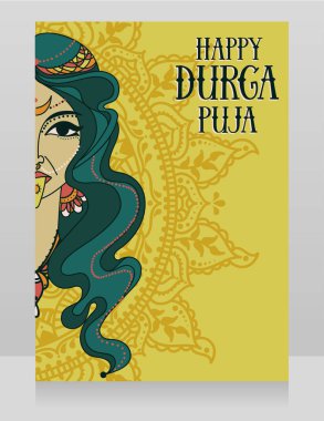Durga Puja, poster ile Hint Tanrıça Kali, vektör çizim portresi için kart