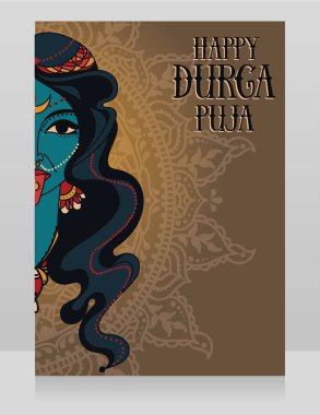 Durga Puja, poster ile Hint Tanrıça Kali, vektör çizim portresi için kart