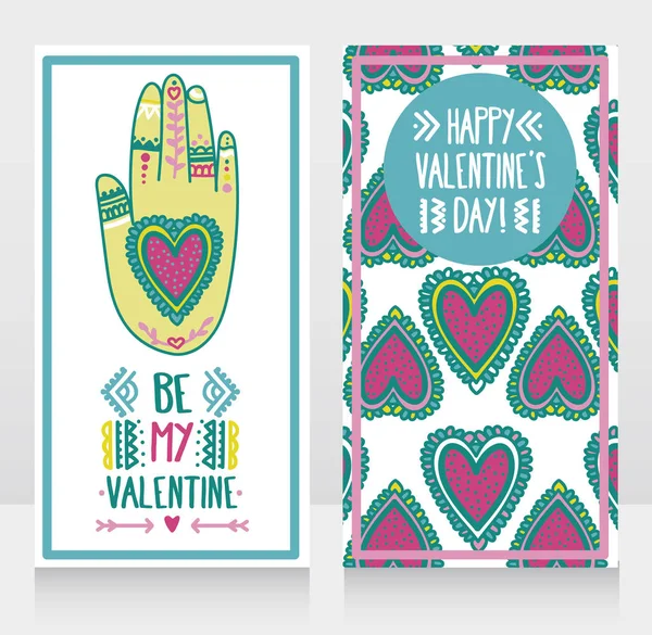 两张卡片为情人节用纹身的手 可作为邀请博霍风格的情人节派对 涂鸦向量说明 — 图库矢量图片