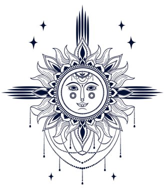 Poster boho stil güneşle yüz ve mücevherler, vektör çizim ile