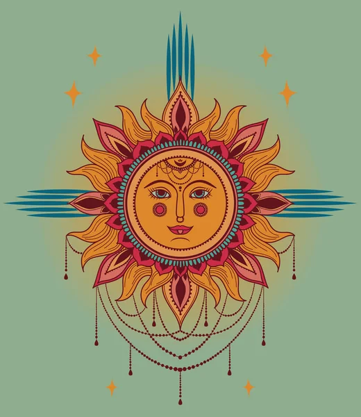 Affisch Med Boho Stil Sol Med Ansikte Och Juveler Vektorillustration — Stock vektor