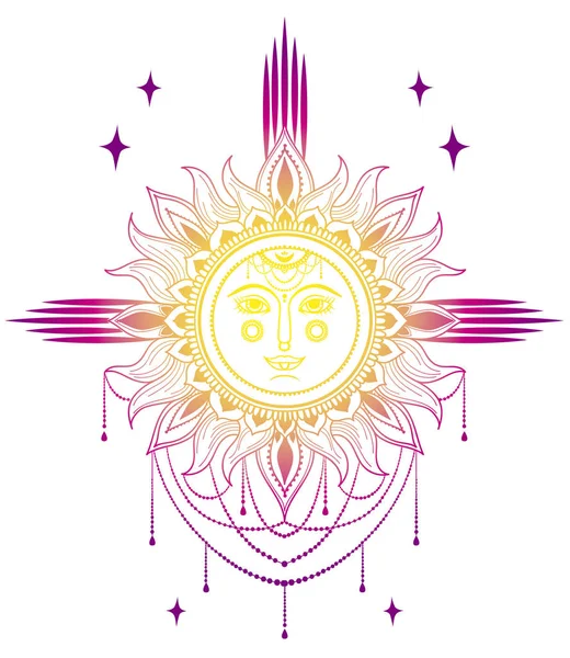 Cartel Con Sol Estilo Boho Con Cara Joyas Ilustración Vectorial — Archivo Imágenes Vectoriales