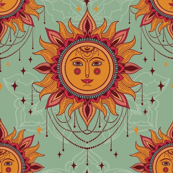 Esoterické Vzor Bezešvé Tváří Slunce Royal Ornament Boho Styl Vektorové — Stockový vektor