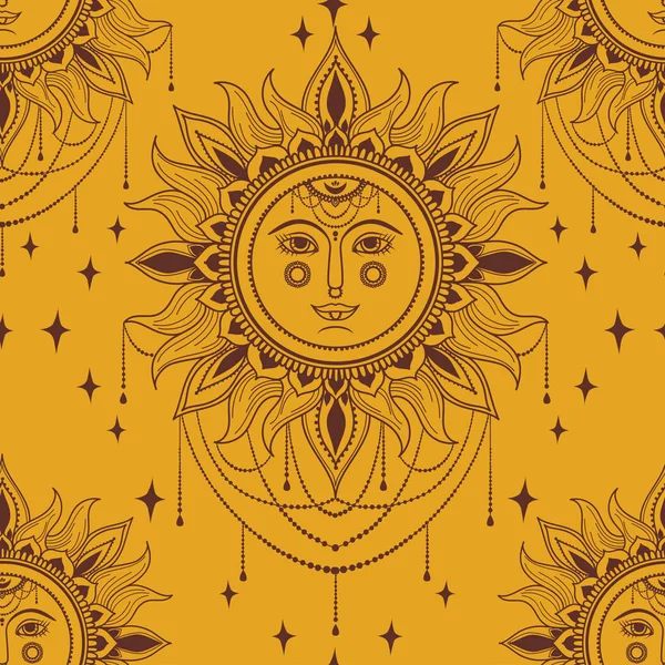 Esoteric Seamless Pattern Face Sun Royal Ornament Boho Style Vector — Stock Vector