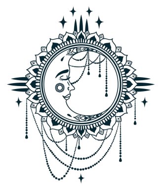 Poster boho stil moon ile yüz ve mücevherler, vektör çizim ile