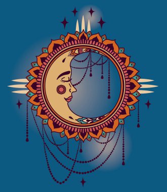 Poster boho stil moon ile yüz ve mücevherler, vektör çizim ile